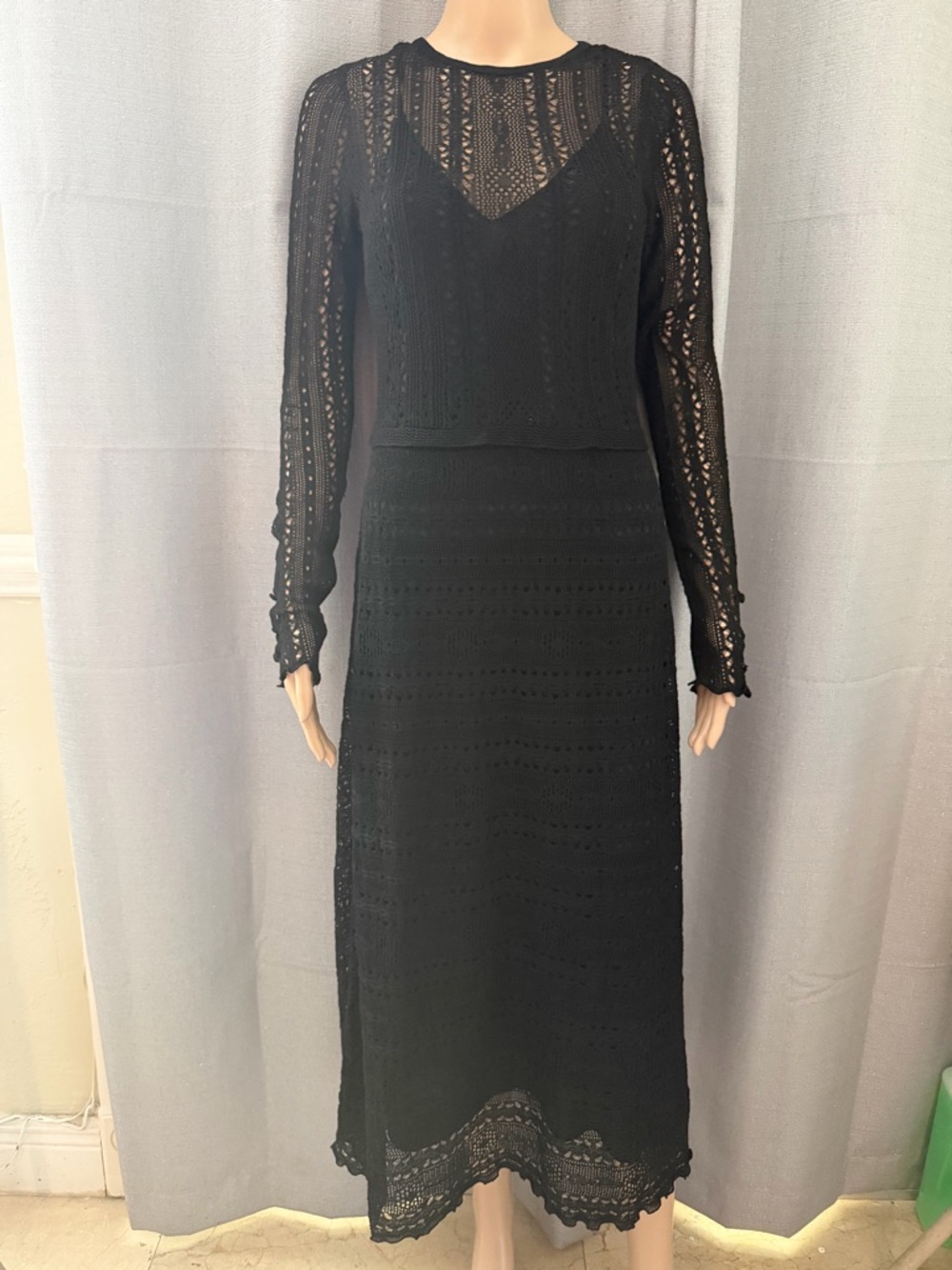 ZARA Black Lace Long Sleeve Midi Dress with Sheer Yoke - Picture 3 of 8